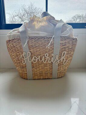 Woven Straw Basket Tote Bag “Flourish” Script | Summer Beach Market Bag